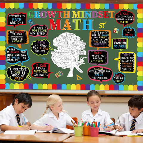 Classroom with Math Growth Mindset Bulletin Board Set For Classrooms, Inspiring Wall Decor with colorful math quotes and letters.