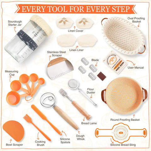 Ultimate All In One Sourdough Baking Kit With Proofing Baskets And Tools For Home Bakers Includes 9 Inch Round Basket 10 Inch Oval Basket Sourdough Jar Spatula Dough Whisk Bread Lame With 5 Blades Blade Cover And Bowl Scrape Gift Set overview image.