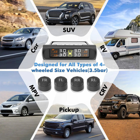 Real Time Tire Pressure Monitoring System With Solar Charging, 4 TPMS Sensors Pack, High Precision Readouts To 0.5 PSI, Updates Every 3 Seconds While Driving, Easy Install, Boost Safety And Driver Peace Of Mind. display for SUV, car, RV and pickup