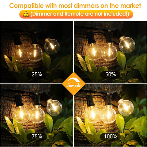 Dimming levels of 50 Ft LED Outdoor String Lights G40 Globe Dimmable Patio Lights Waterproof With 27 Warm White Shatterproof Bulbs