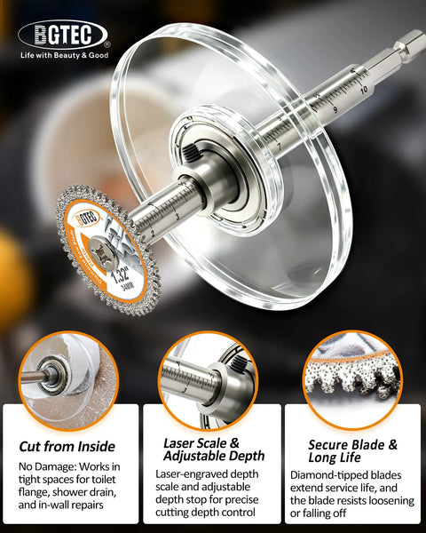 Inside Pipe Cutter Kit For PVC Pipe 2 Diamond Grit Cutting Wheels Quick Connect Shaft With Depth Scale Guide Disc And Hex Wrench Screwdriver For Pro Grade Precision In Tight Spaces, 34mm wheel and guide disc