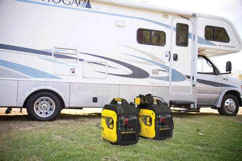 4000-Watt Dual Fuel Portable Inverter Generator RV Ready With Quiet Technology And CO Shield Auto Shutoff beside RV