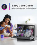 Compact Countertop Dishwasher With Smart Wifi Connectivity Six Wash Cycles Energy Star Portable Kitchen Workhorse No Sweat Setup Runs Smooth For Tiny Apartments And Narrow Counter Spaces with baby care cycle in use.