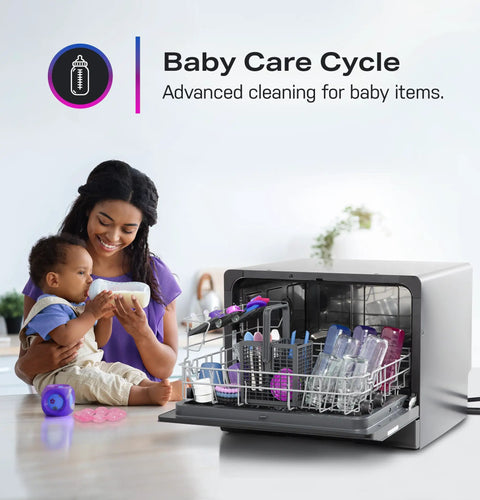 Compact Countertop Dishwasher With Smart Wifi Connectivity Six Wash Cycles Energy Star Portable Kitchen Workhorse No Sweat Setup Runs Smooth For Tiny Apartments And Narrow Counter Spaces with baby care cycle in use.