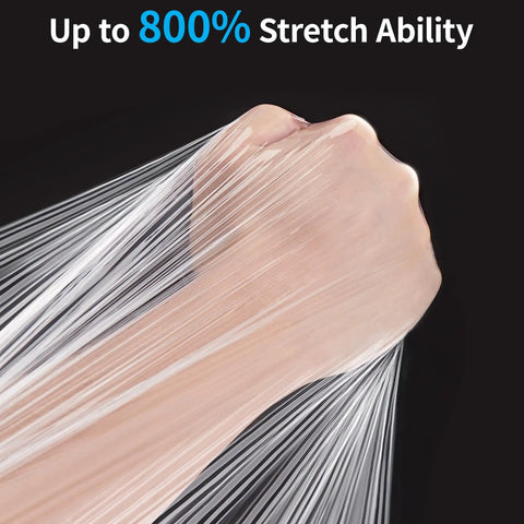 Badass Heavy Duty Stretch Film And Shrink Wrap Roll For Pallet Wrapping 80 Gauge showcasing 800% stretch ability with hand grip.