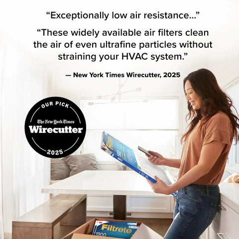 Woman reading 20x20x1 Pleated Furnace Air Filter With MERV 13 And MPR 1900 box, endorsed by Wirecutter 2025 for allergen reduction.