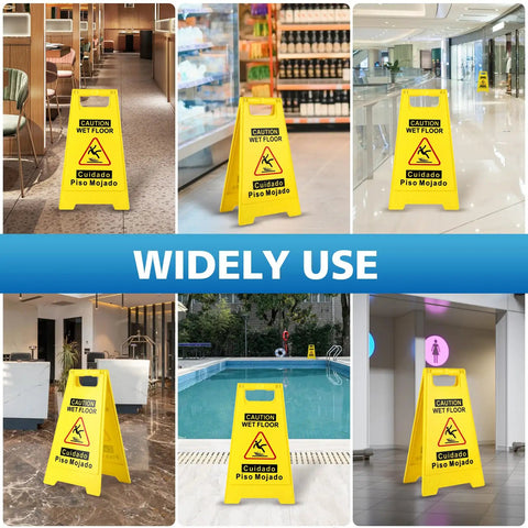2 Pack Caution Wet Floor Sign Bright Yellow 17.5 Inch Height Double Sided Foldable A Frame With English And Spanish Messages