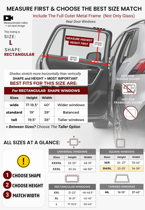 Measurement guide for Kid Friendly Car Window Shades For Baby And Pets, Breathable Full Coverage Mesh, 2 Pack With 8 Sizes.