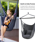 Durable Outdoor Hammock Chair Swing With Steel Support Bar And Side Pocket, Large Hangin Chair For Patio Or Garden