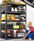 Hella Heavy Duty Garage Shelving Unit With 5 Adjustable Tiers And Big Rig Tough All Metal Steel Construction For Toolboxes Storage Bins Workshop Basement Or Pantry Organization Gear, measuring 71.2"H x 35.4"W x 16"D with various tools.