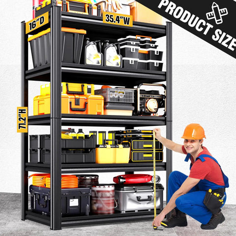 Hella Heavy Duty Garage Shelving Unit With 5 Adjustable Tiers And Big Rig Tough All Metal Steel Construction For Toolboxes Storage Bins Workshop Basement Or Pantry Organization Gear, measuring 71.2"H x 35.4"W x 16"D with various tools.