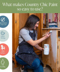 Person using All In One Chalk Paint For Furniture And Cabinets With Built In Primer And Top Coat Matte Finish And Eco Friendly DIY Friendly Formula Great For Wood And Metal Surfaces Liquorice Black 4 Oz Perfect For Home Decor Makeovers on wooden cabinet; info graphics on features