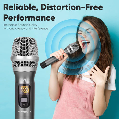 Woman singing with Dual UHF Wireless Microphone System With Receiver Kit, handheld dynamic mic, crisp vocals visualization