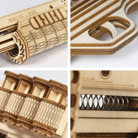 3D Wooden Puzzle Model Kit Gun Toy No Glue Or Tools Needed Brain Teaser For Adults To Build Gift For Friends And Family A Fun Mechanical Challenge For Everyone, close-up wooden spring and barrel details