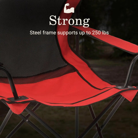 Red Broadband Mesh Quad Camping Chair With Carry Bag And Cup Holder, steel frame supports up to 250 lbs, cooling mesh back