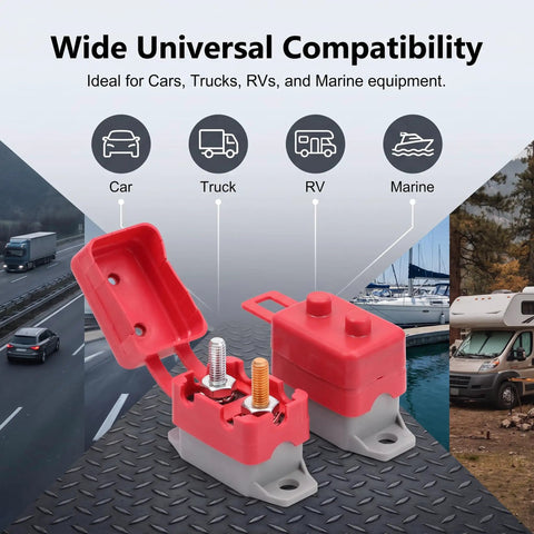 Dual Pack 30A 12V Circuit Breakers With Clear Covers And Red Indicators shown with universal compatibility for auto, RV, truck, and marine use.