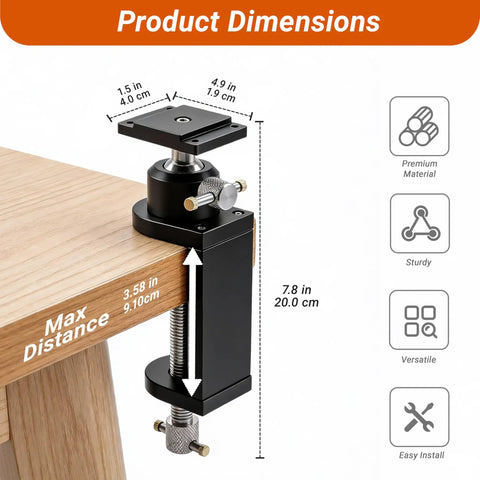 360 Degree Rotating Bench Vise Stand For Grinders And Drill Presses mounted on a table edge with measurements shown
