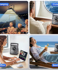 Ultra Quiet 10000mAh Portable Travel Fan With LED Lantern, Five Speed Options, in use at camping, office, beach, and cruise settings