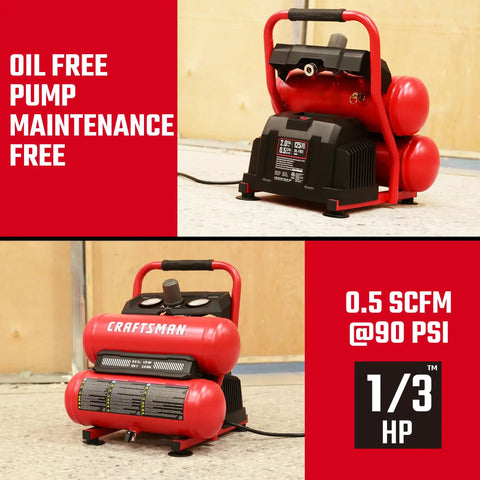 Craftsman 2 Gallon Twin Tank Air Compressor 1/3 Hp Oil Free 125 Psi Portable Unit For Tires Spray Painting Nailing Garage Workshop Diy Projects Smooth Ride And Reliable Power