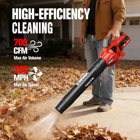 Man using Power Packed Cordless 20V Leaf Blower With 700 CFM And 200 MPH on patio with leaves, featuring dual 4.0Ah batteries and fast charger.