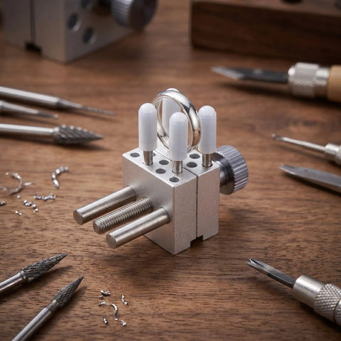 Grab And Go Adjustable Mini Bench Vise Clamp Handy Portable Aluminum Alloy Workbench Tool For Model Building Soldering And Painting Precision Hobbyist Clamp For Small Parts Holding And Delicate Assembly, silver ring clamped on tabletop