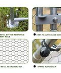 Details of Walk-In Metal Chicken Coop With Waterproof UV Cover, showing reinforcement nails, cage door, hexagonal net, spring button clip.