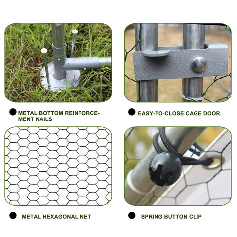 Details of Walk-In Metal Chicken Coop With Waterproof UV Cover, showing reinforcement nails, cage door, hexagonal net, spring button clip.