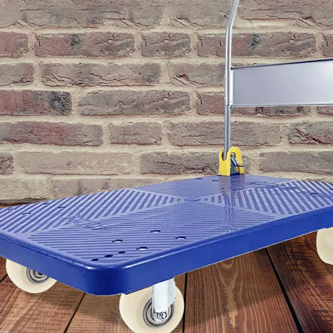 Top Notch 4 Pack 1.5 Inch Nylon Caster Wheels on a blue dolly, ideal for heavy furniture movement.