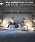 Couple in bed with lamps using dimmable vintage LED Edison bulbs 8W to 100W equivalent, ST58 cool white 4000K, 1200 lumens, clear glass.