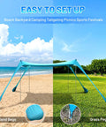 Pop Up Beach Tent Sun Shelter Grande 10x10ft Canopy with 4 Stability Poles on beach and grass, easy setup shown