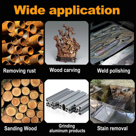 Collage showing uses of 90 Pcs Brass Wire Brush Set For Rotary Tools in rust removal, wood carving, and more.