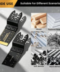 50 Piece Oscillating Blades Kit For Wood And Metal, Dual Material Set With 45 HCS Blades For Clean Wood Cuts And 5 Titanium Coated Blades For Wood Or Metal Tough Jobs, 35mm Blades, Durable Multi Tool Upgrade, showing HCS blades and titanium-coated blades for wood, gypsum board, plastic, nails and metals