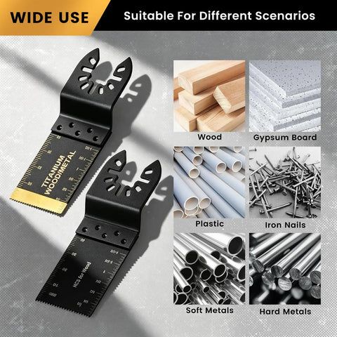 50 Piece Oscillating Blades Kit For Wood And Metal, Dual Material Set With 45 HCS Blades For Clean Wood Cuts And 5 Titanium Coated Blades For Wood Or Metal Tough Jobs, 35mm Blades, Durable Multi Tool Upgrade, showing HCS blades and titanium-coated blades for wood, gypsum board, plastic, nails and metals