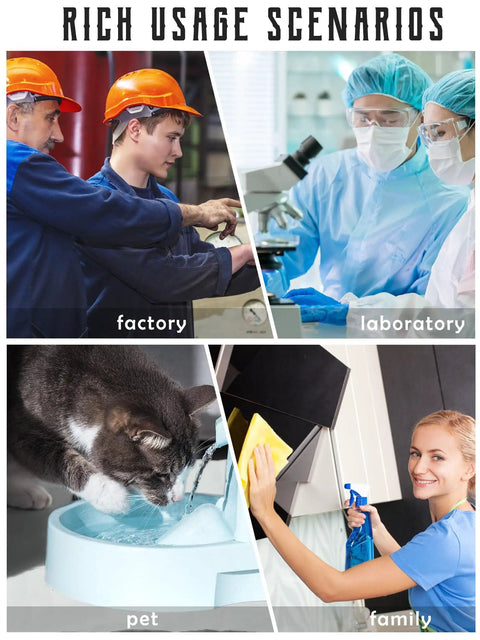 Collage showing usage scenarios: factory workers, lab technicians, cat drinking from bowl, person cleaning at home.