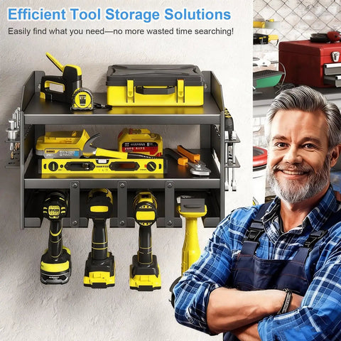 Wall Mount Power Tool Organizer Rack For Garage And Workshop Foldable Cordless Drill Hanger with tools displayed and man smiling