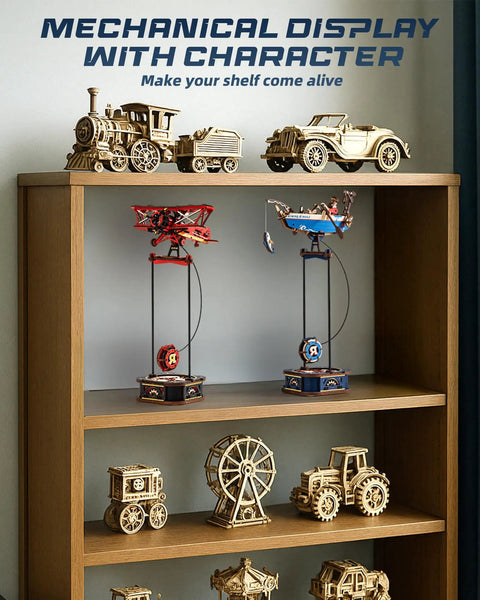 Wooden display featuring 3D Wooden Puzzle Kit For Adults Featuring Gravity Swing Ship Model And Aircraft Model Building Set For Teens 14 Plus A Collectible Boat And Plane DIY Craft For Home Display History Buffs