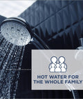 50 Gallon Electric Water Heater With WiFi And SmartHQ App Control Showing Off An Ultimate Flex In Capacity For That Sweet Flow Of Scalding Hot Water Thanks To A Game Changing Batch Booster Tank Rig That Dishes Out The Heat You Crave showerhead delivering streams of hot water in a bathroom setting.