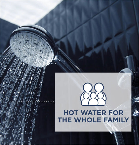 50 Gallon Electric Water Heater With WiFi And SmartHQ App Control Showing Off An Ultimate Flex In Capacity For That Sweet Flow Of Scalding Hot Water Thanks To A Game Changing Batch Booster Tank Rig That Dishes Out The Heat You Crave showerhead delivering streams of hot water in a bathroom setting.