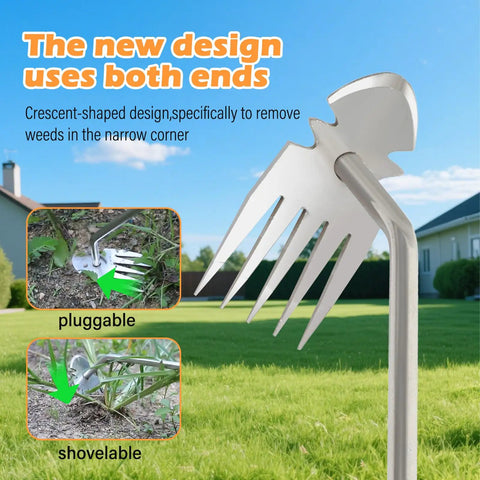 Heavy Duty Five Tooth Weeding Tool for Vegetables and Backyard Gardens with dual end design, grass background view