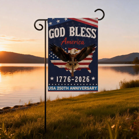 USA 250th Anniversary Garden Flag Yard Sign Double Sided Waterproof 12x18 Inch Outdoor Patriotic Banner in sunset garden scene