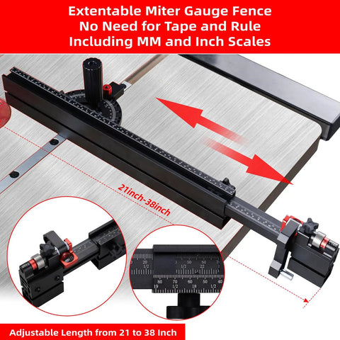 Heavy Duty Table Saw Miter Gauge Featuring A Rock Solid 21 To 38 Inch Extending Aluminum Fence And Micro Adjust Flip Stop With 13 Angle Stops For Bullseye Crosscuts And Smooth Sliding Performance, showing extendable aluminum fence with mm and inch scales.