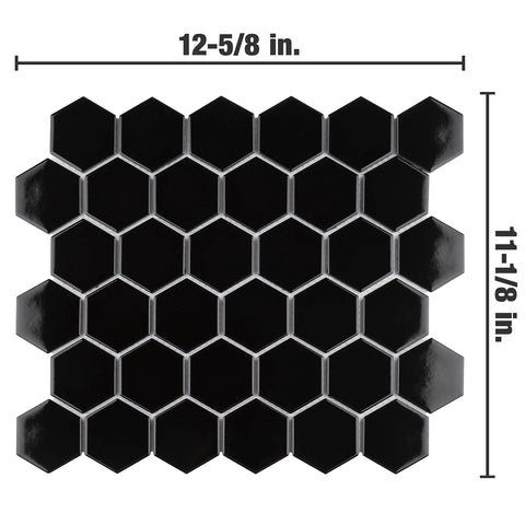 Dope Glossy Black Porcelain Hex Mosaic Tile For Floors And Walls, Mesh-Mounted 2 Inch Pieces, 11.13 X 12.63 Inch Sheets