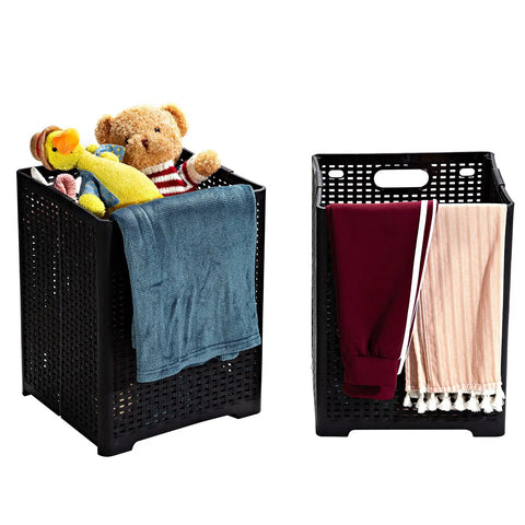 42L Collapsible Laundry Baskets Set Pack Of 2 Black Foldable Plastic Hamper with toys and clothes in dorm room setup