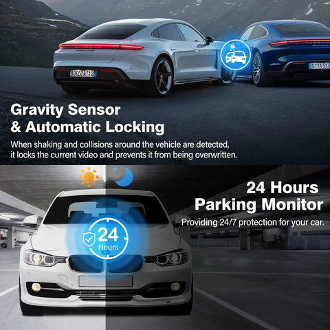Ultra Crisp Dual Dash Cam Front And Rear 4K Plus 2.5K UHD With Free 64GB Card G-Sensor and Parking Monitor features illustration