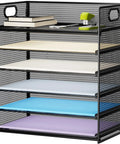 Six Tier Mesh Desk File Tray With Heavy Duty Handle For Office Letter Sorting A4 Paper And Filing Folders showing colorful sheets and stapler.