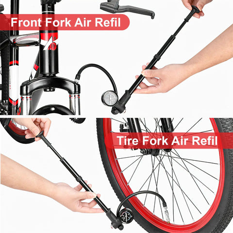 High Pressure Shock Pump 300 Psi With Gauge for MTB Front Fork and Rear Suspension in use, showing air refill process