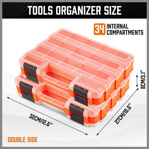 Double Sided 34 Compartment Parts Organizer With Removable Dividers 2 Pack Heavy Duty Storage Case for screws bolts nuts nails