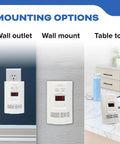 Carbon Monoxide And Explosive Gas Alarm Plug In With 9V Battery Backup Digital Display And LED Status Indicators For Natural Gas And Propane Detection 85 dB Alarm Must Have For Home Safety mounted on wall outlet, wall, and tabletop.