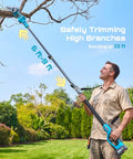 Man using 4 In 1 Pole Saw And Pruning Shears Kit For Tree Trimming Battery Powered Mini Chainsaw with extension pole to cut branches.