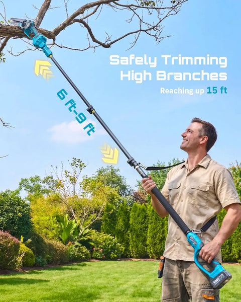 Man using 4 In 1 Pole Saw And Pruning Shears Kit For Tree Trimming Battery Powered Mini Chainsaw with extension pole to cut branches.